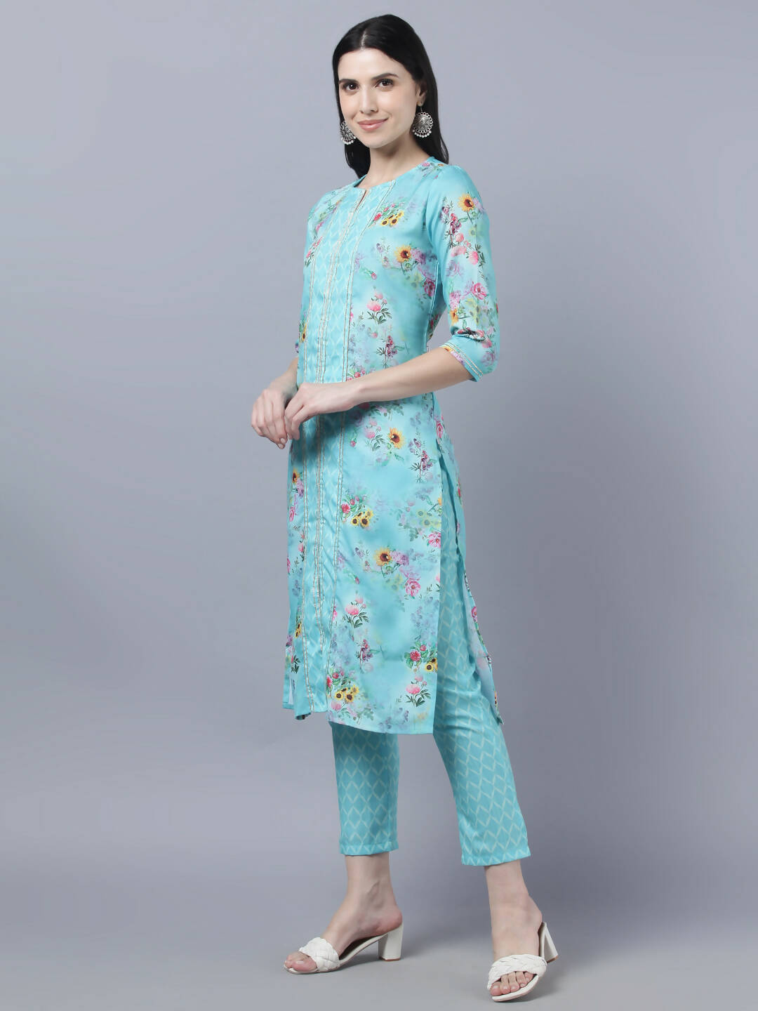 Myshka Women Blue Yellow Printed Kurta with Trousers | Grocsy