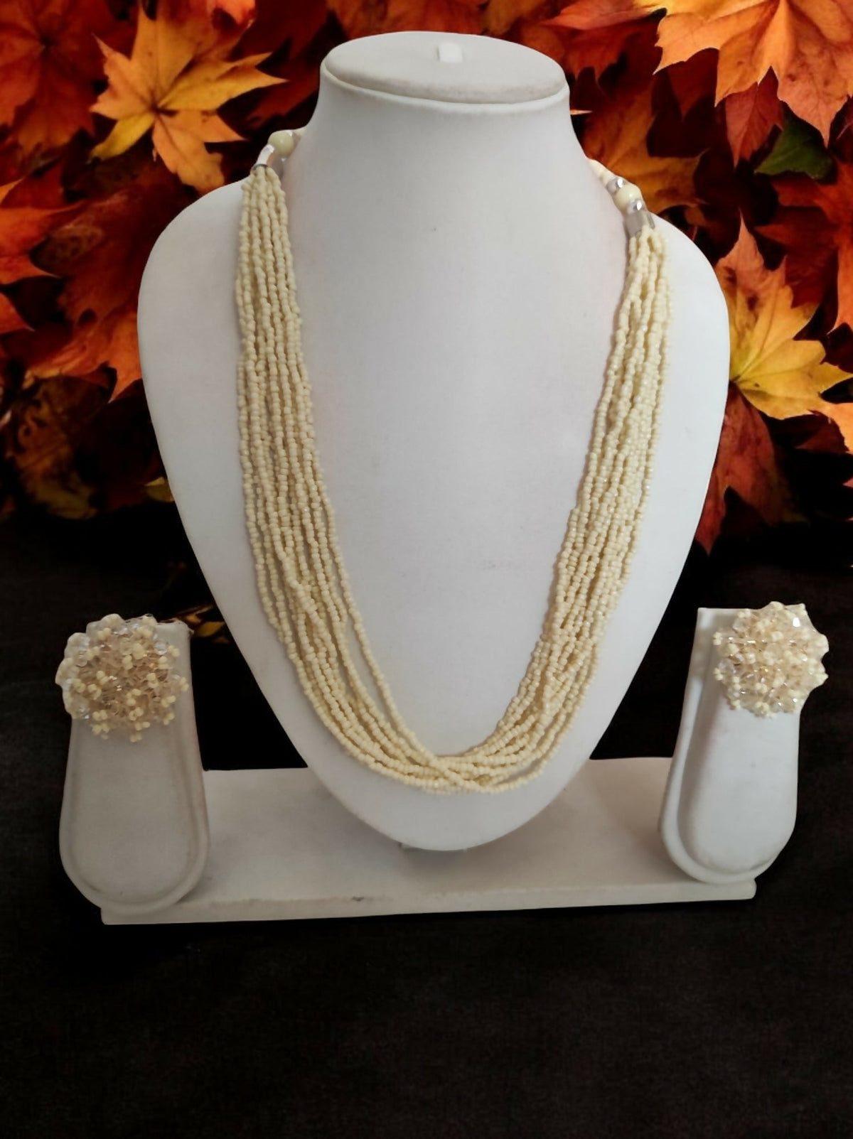 Inhanns Bloom Handmade Beaded Necklace With Earrings - 12 Layers - Cream Necklace Set | Grocsy