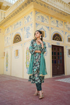 Vaasva Women Teal Muslin Embroidered Kurta, Pant & Dupatta Set | Grocsy