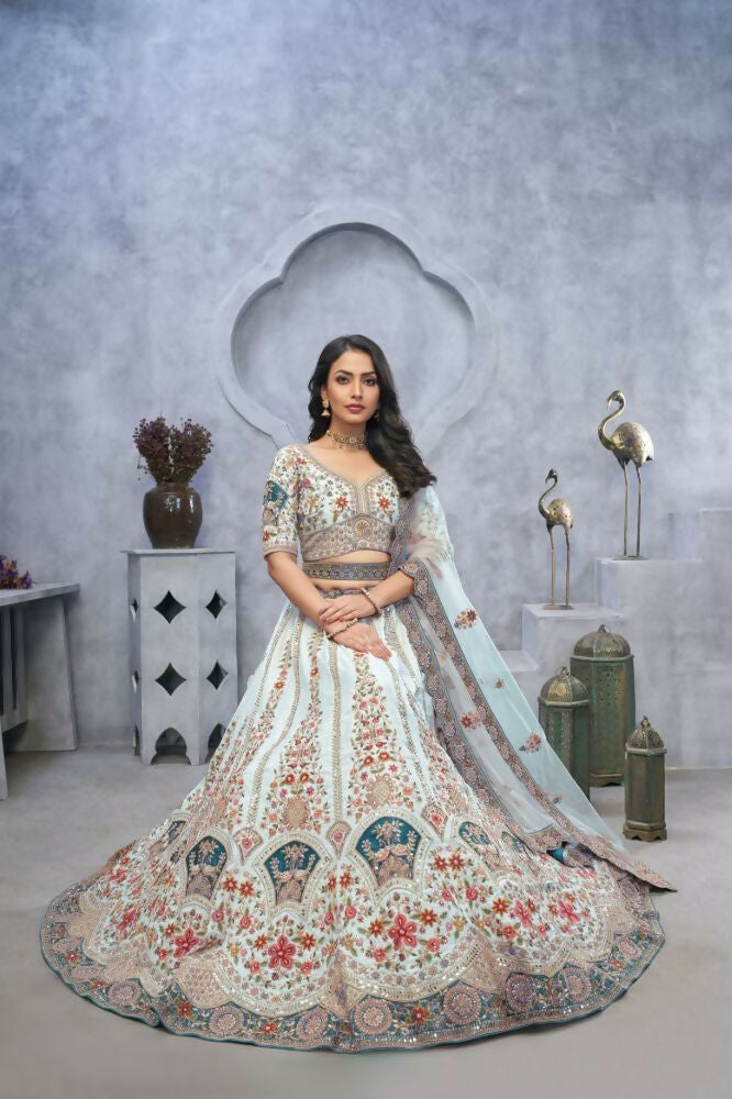 Kesar Fab Blue Silk Embroidered Lehenga | Grocsy