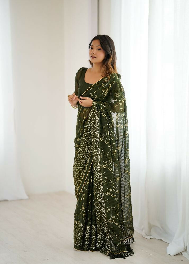 PR Fashion Mehendi Georgette Patta Plain With Foil Work And Small Lace And Zalar Lace Saree | Grocsy