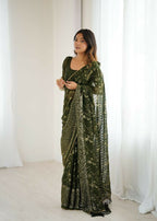 PR Fashion Mehendi Georgette Patta Plain With Foil Work And Small Lace And Zalar Lace Saree | Grocsy