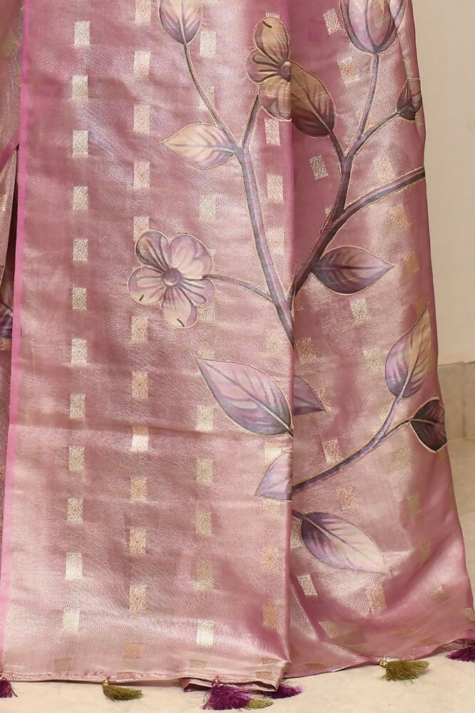 Joban Fashion Purple Saree Tissue Zari Buti Allover Applick With Contrast Blouse | Grocsy