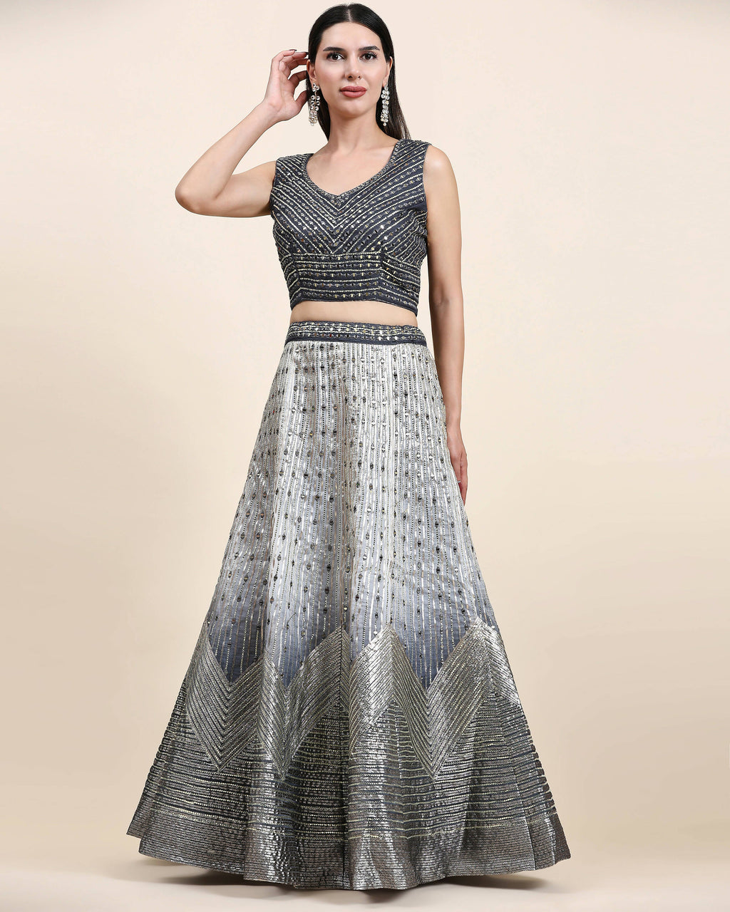 Grey Organza Mirror With Coding Work Lehenga Choli with Dupatta - Tanya | Grocsy