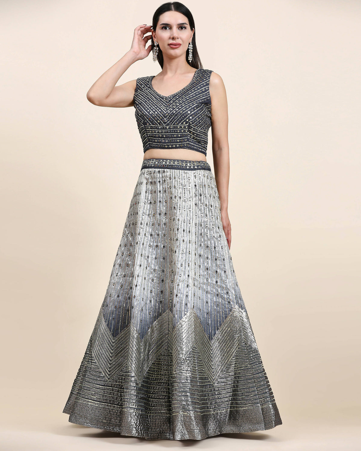 Grey Organza Mirror With Coding Work Lehenga Choli with Dupatta - Tanya | Grocsy