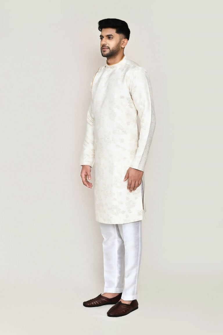 Joban Fashion Cream Colored Jacquard Silk Fabric Kurta With Straight Fit Pant | Grocsy