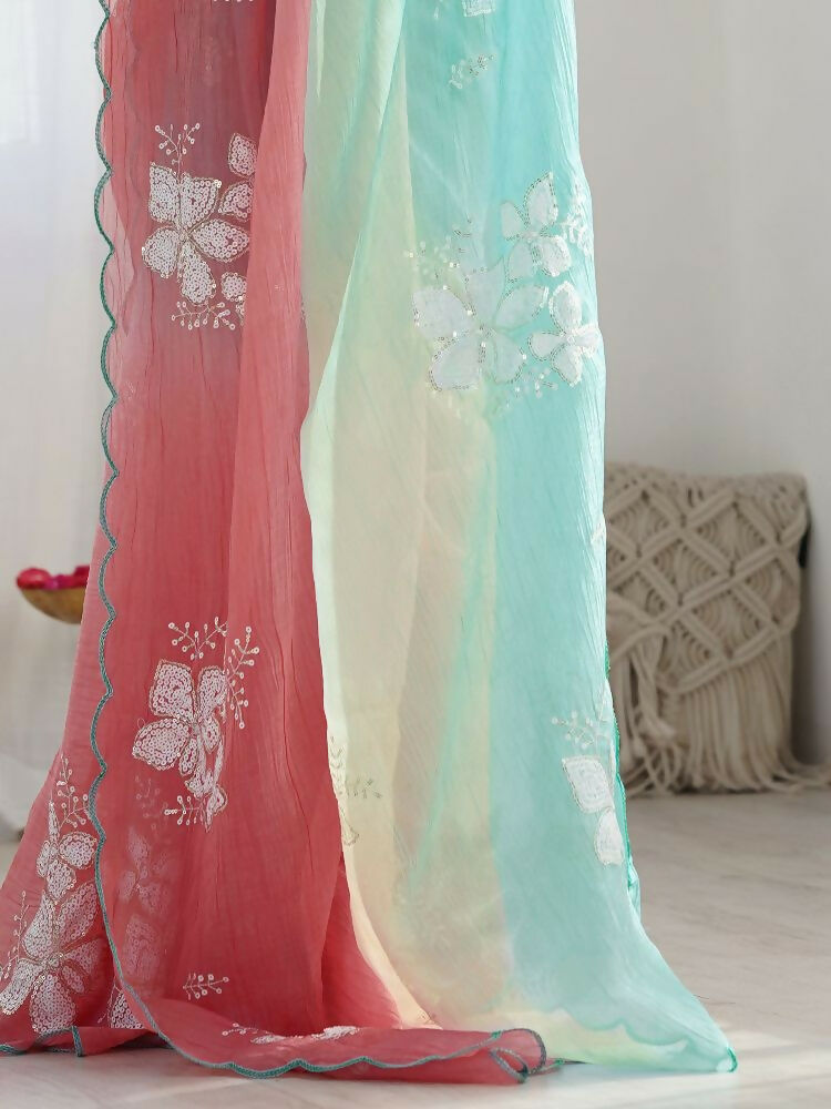 PR Fashion Rama_Peach Gold Crush Embroidery Work Saree | Grocsy