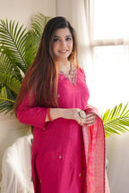 The52 Pink Women's Gorgeous Embroidered Vichitra Fabric Straight Kurta Pant with Dupatta Set | Grocsy
