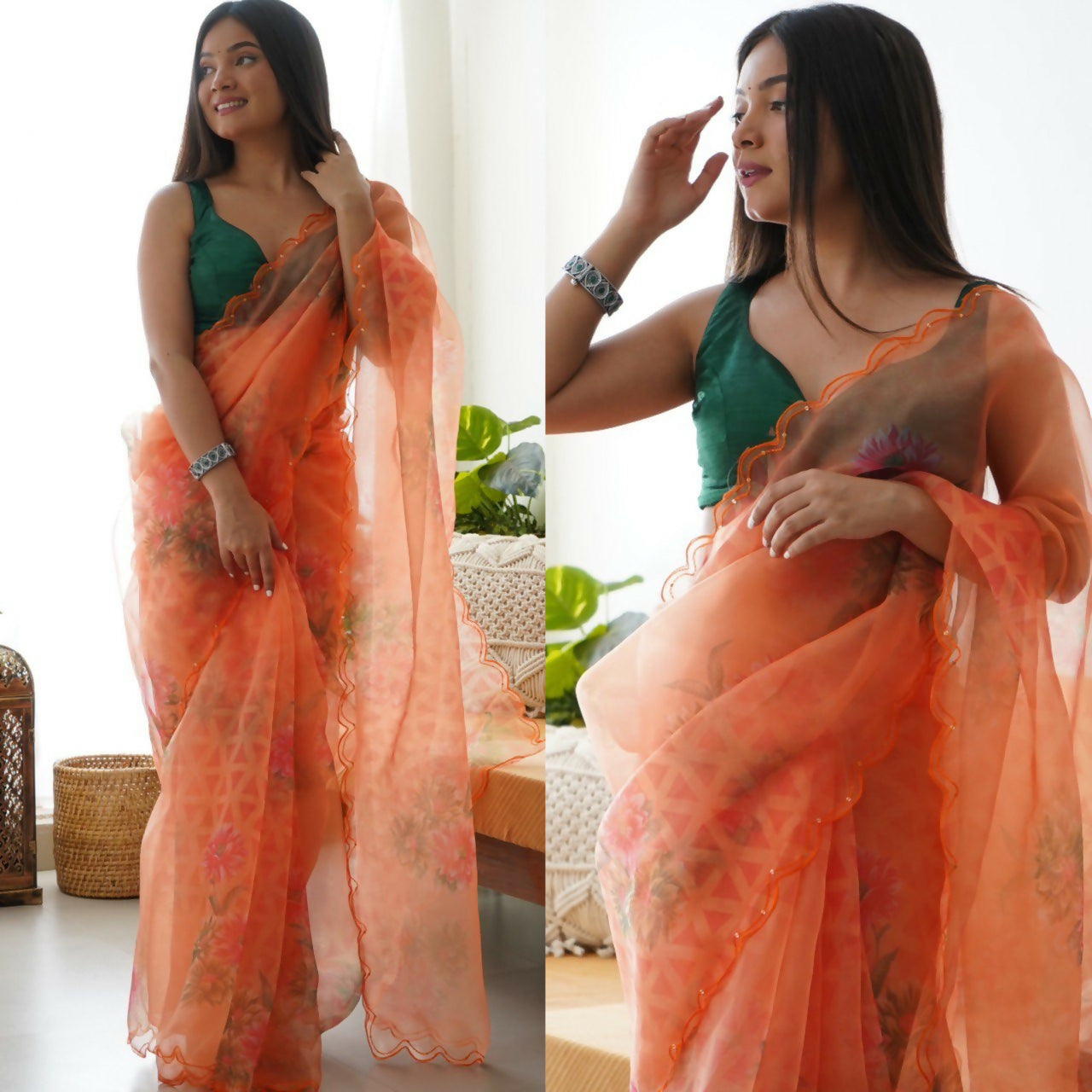 Vamsee Rency Peach Organza Saree | Grocsy