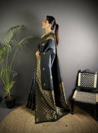 Joban Fashion Grey Handloom Silk Ikkat Saree | Grocsy