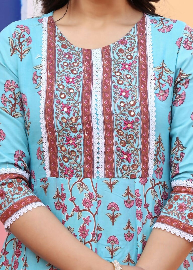 Alvano Printed Anarkali Kurti with Pant and Dupatta Set for Women's and Girls Rayon | Grocsy