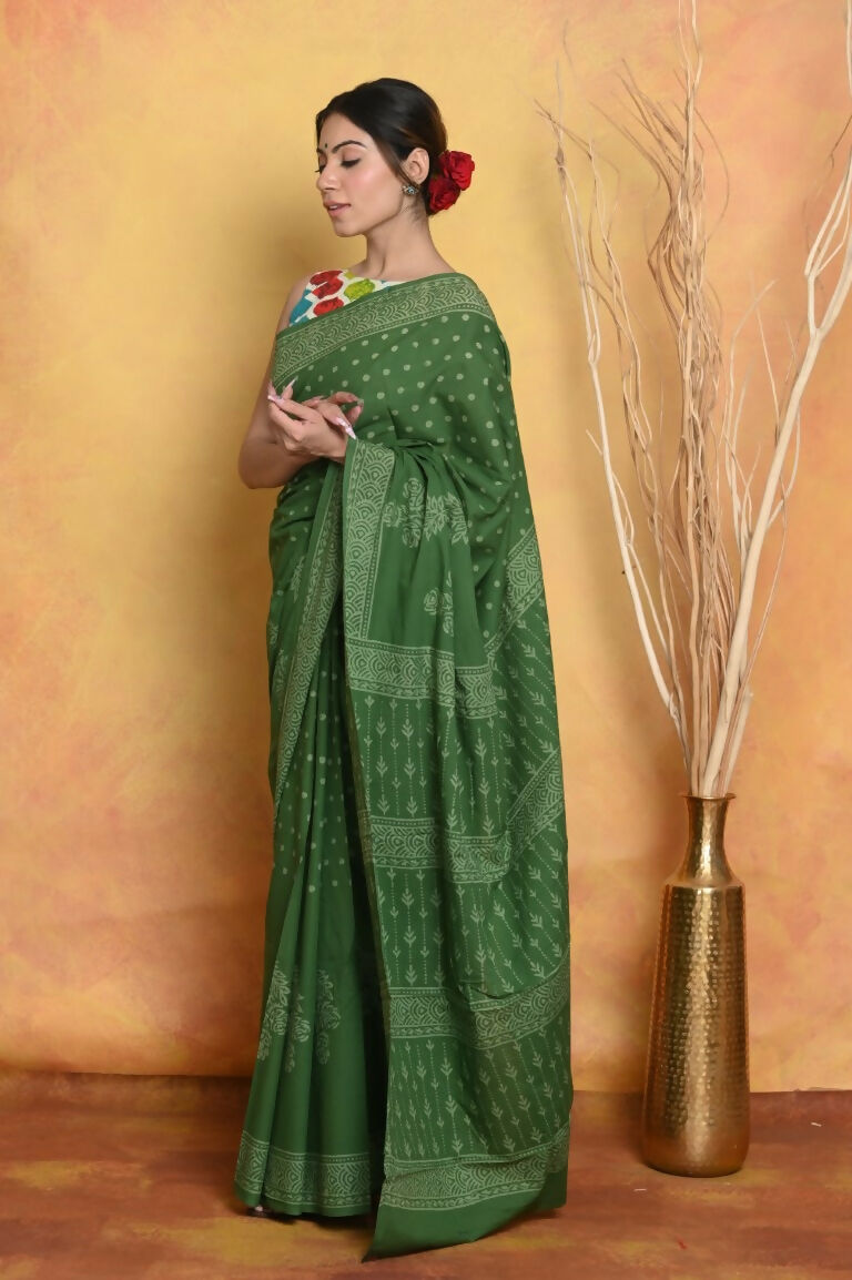 Very Much Indian Handblock Printed Cotton Saree With Natural Dyes - Green | Grocsy