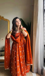Teeya Creation Orange Color Fendy Silk Heavy Embroidery Work Wedding Wear Long Gown | Grocsy