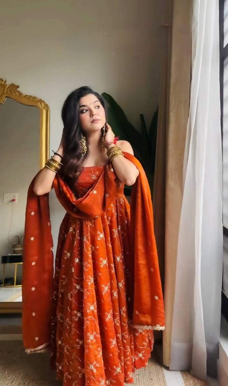Teeya Creation Orange Color Fendy Silk Heavy Embroidery Work Wedding Wear Long Gown | Grocsy