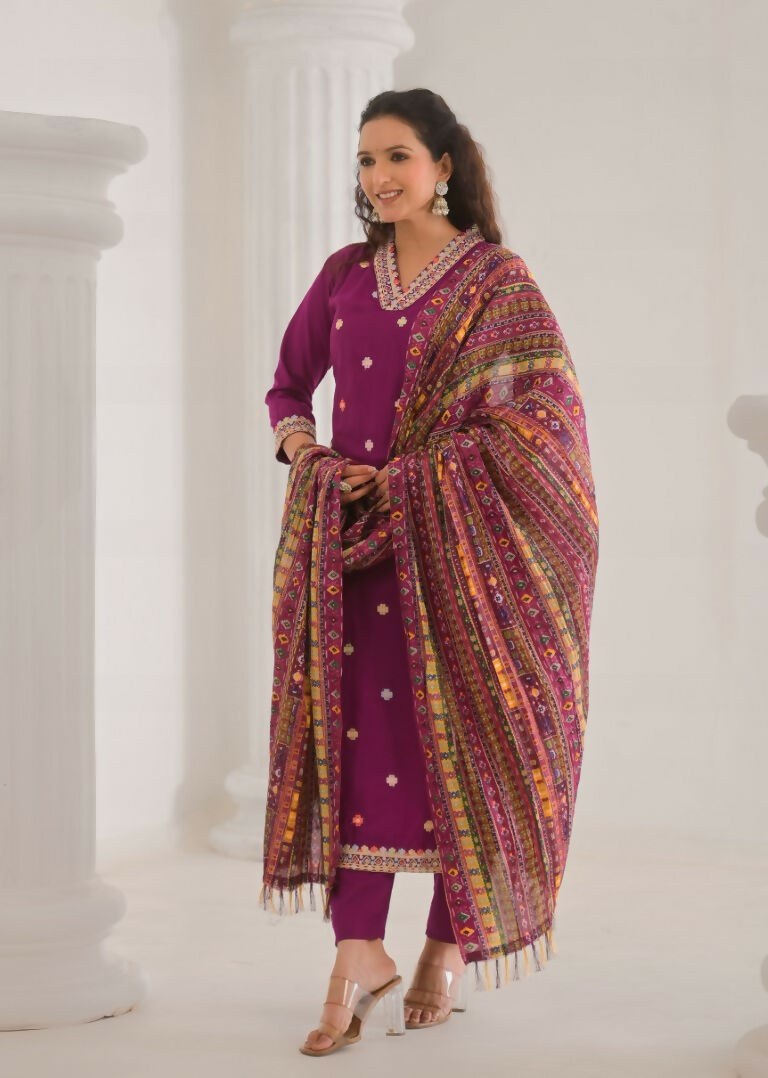 Festive Ethnic Viscose Chanderi Rani Pink Stitched Suit With Dupatta - Rashmika | Grocsy