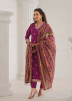 Festive Ethnic Viscose Chanderi Rani Pink Stitched Suit With Dupatta - Rashmika | Grocsy