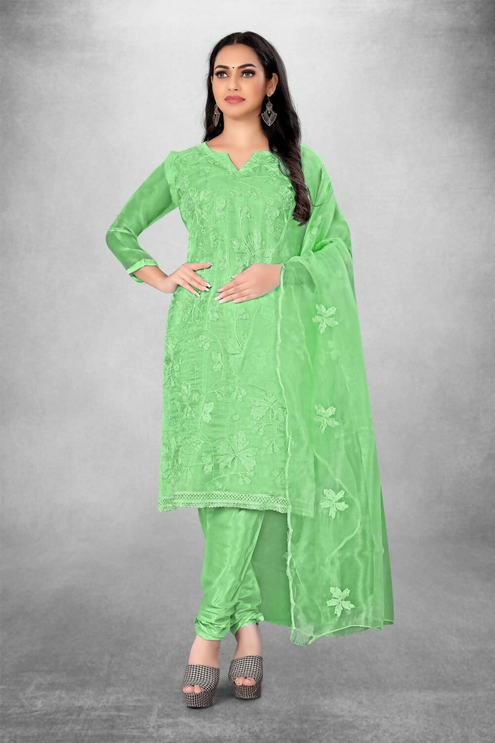 Green Heavy Organza Silk Embroidered Unstitched Dress Material - Amara | Grocsy