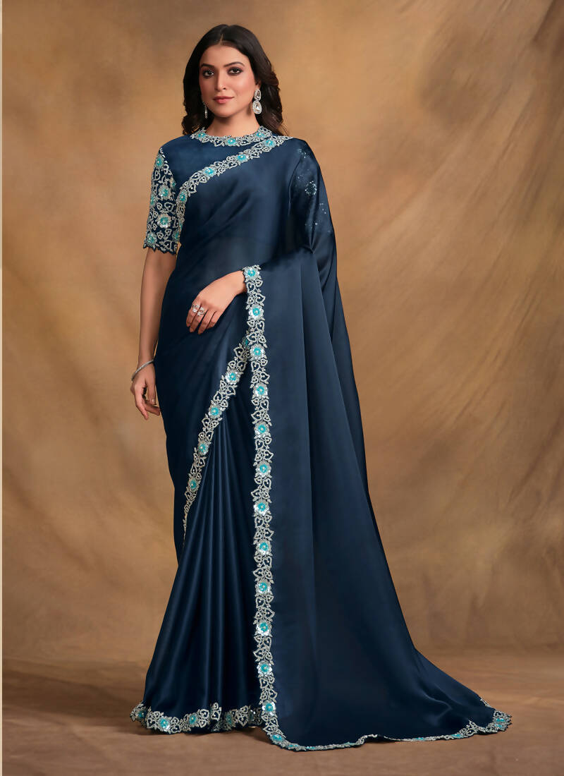 Navy Blue Satin Silk Georgette Designer Saree with Unstitched Blouse - Norita Mahitha | Grocsy