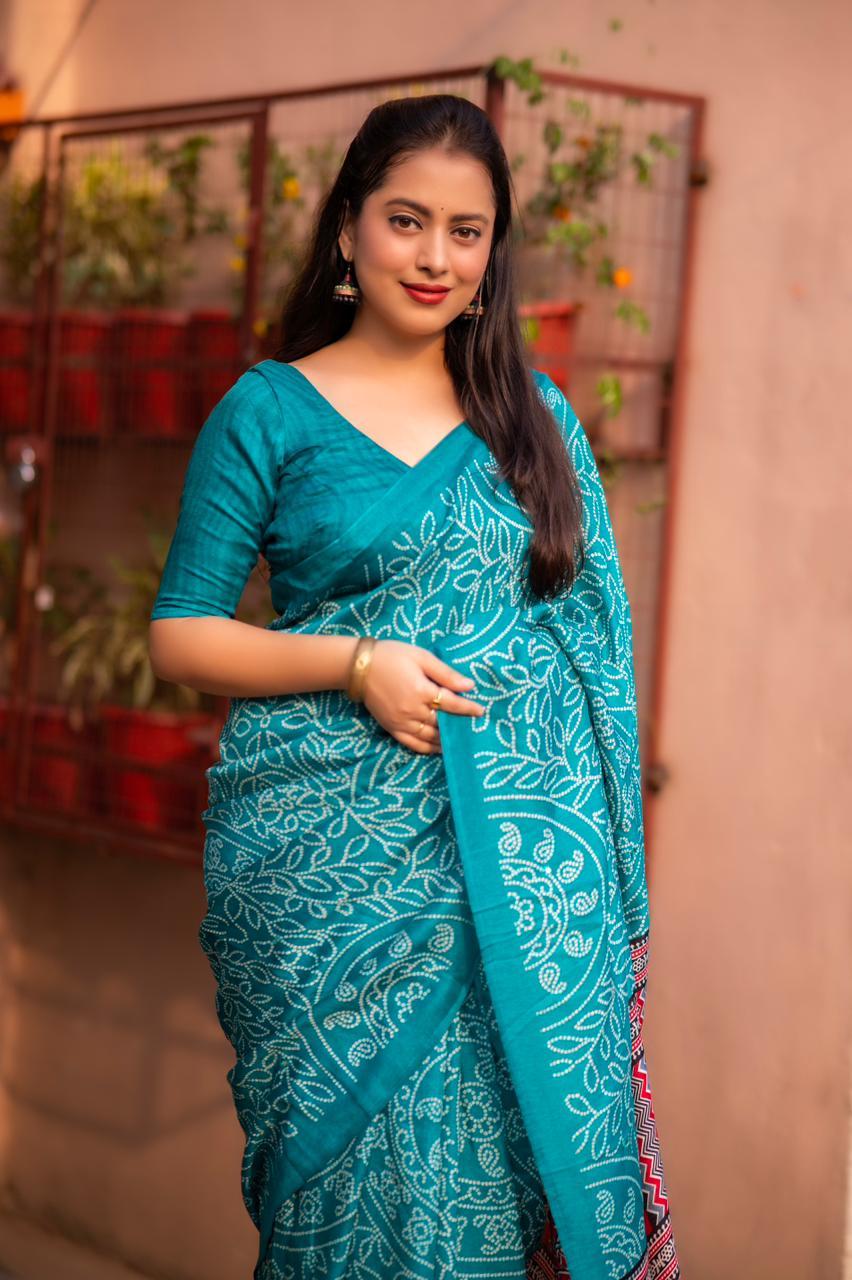 Rama Silk Blend Ajrak Saree with Unstitched Blouse - Hiral Fashion | Grocsy