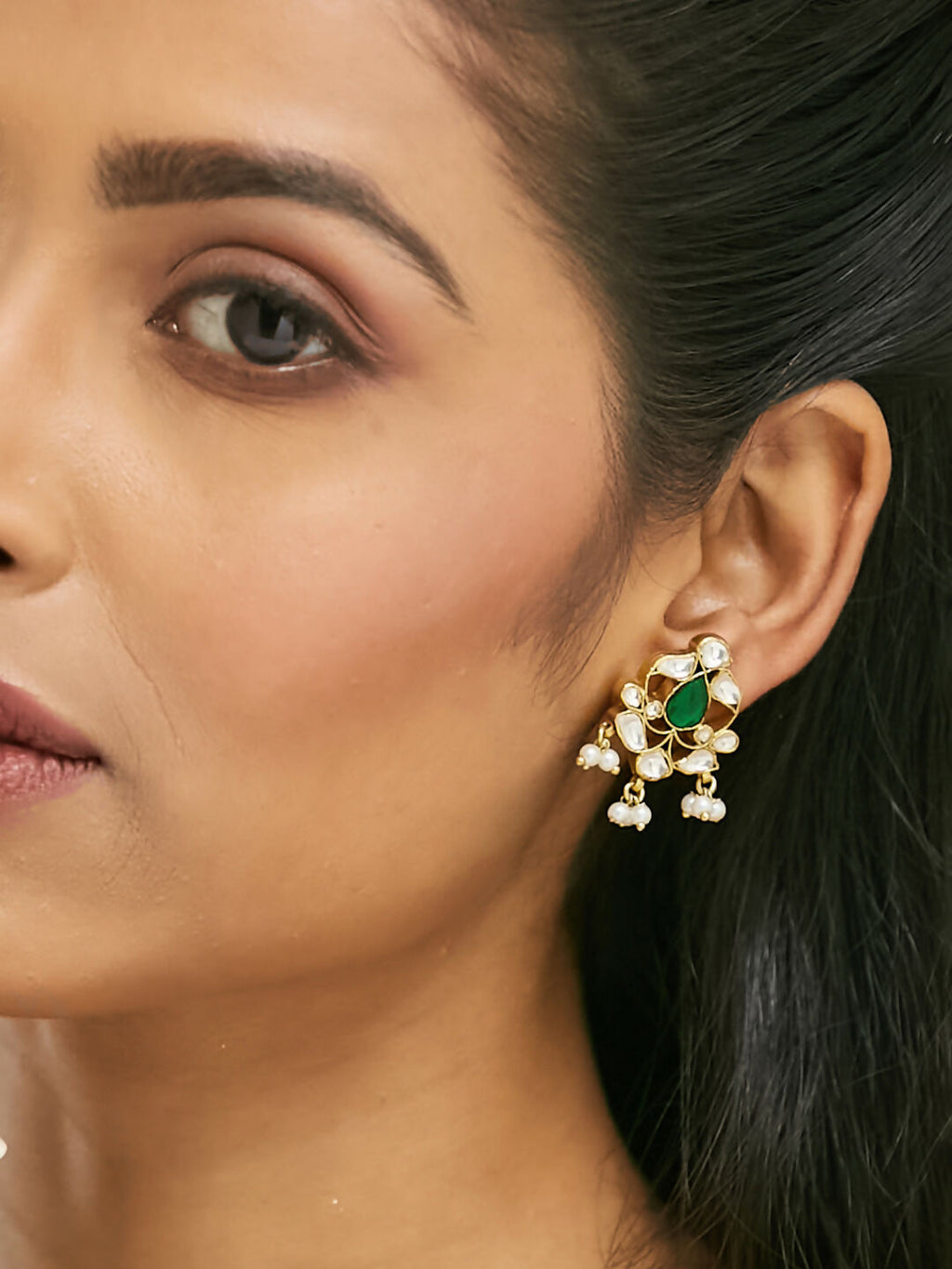 Nuyug 22K Gold-Plated Elegant Kundan & Green Stone Studded Pearl Drops Studs | Grocsy