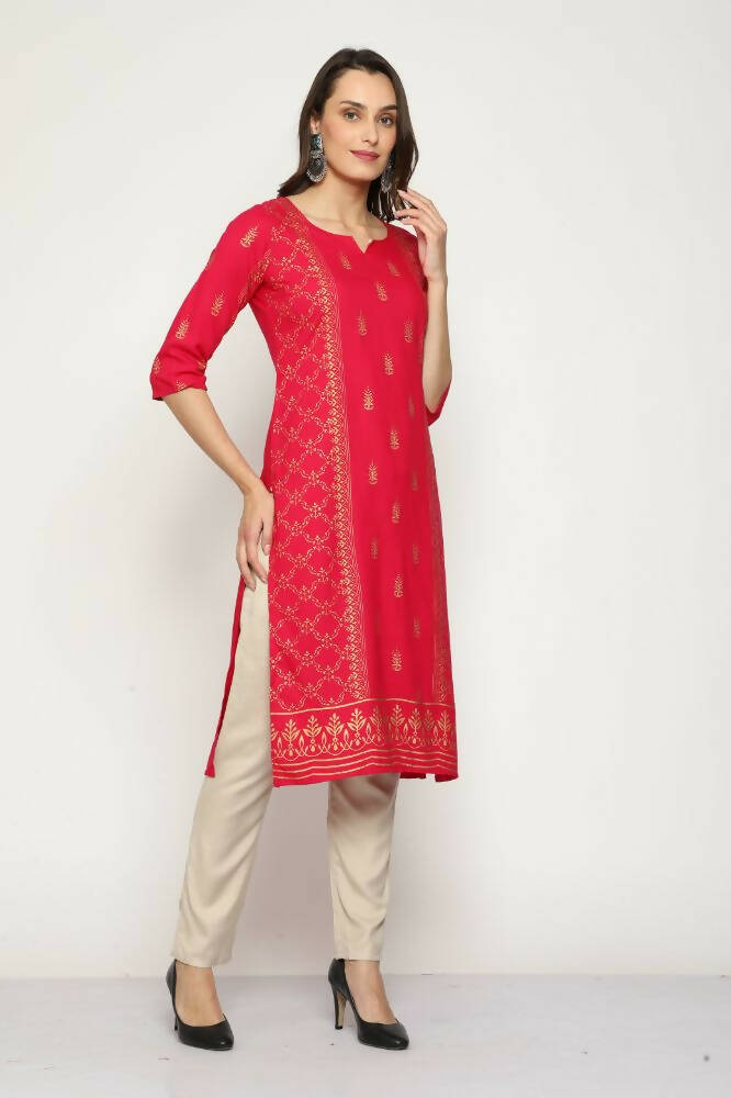 Maai Rayon Hand Printed Kurta Red | Grocsy