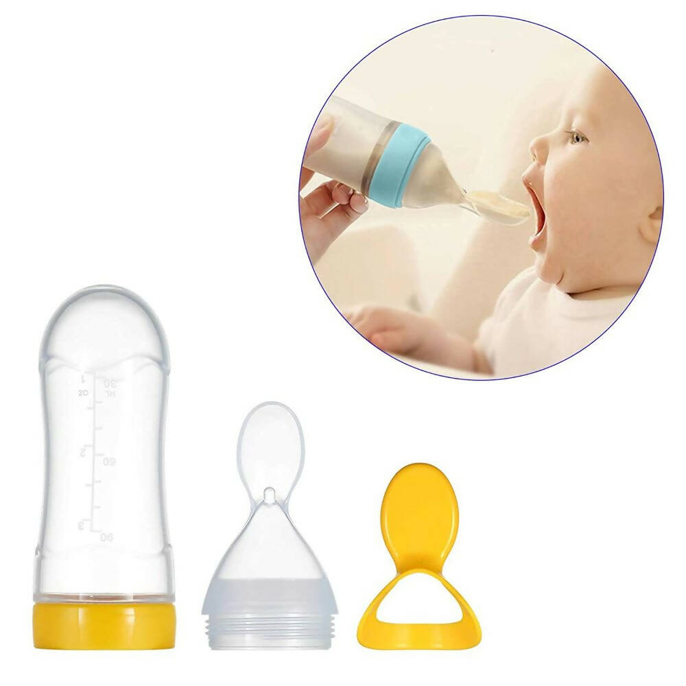 Safe-O-Kid Easy Squeezy Silicone Food Feeder Spoon (Soft Tip) Bottle- Yellow- 90mL | Grocsy