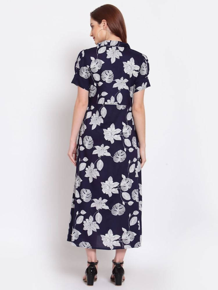 Myshka Women's Navy Blue Printed Cotton Short Sleeve Collar Neck Casual Dress | Grocsy