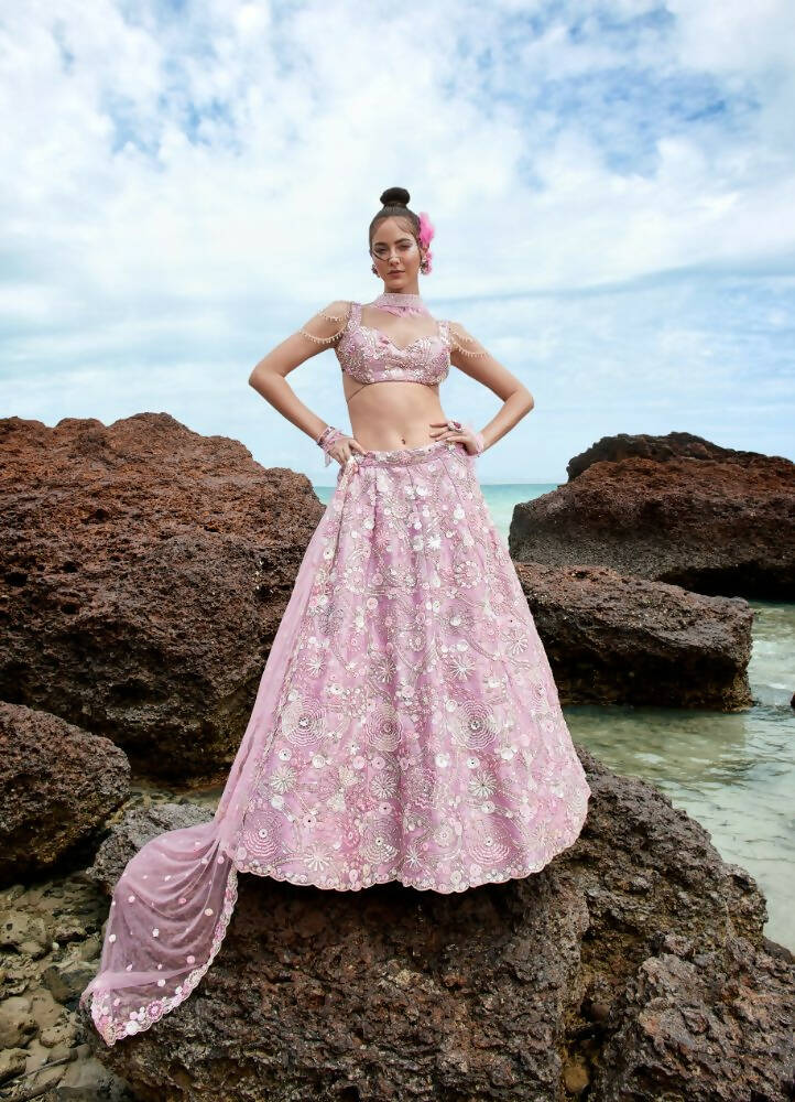 House of Panchhi Mauve Organza Sequins, Zarkan And Thread Embroidery Lehenga Choli & Dupatta | Grocsy