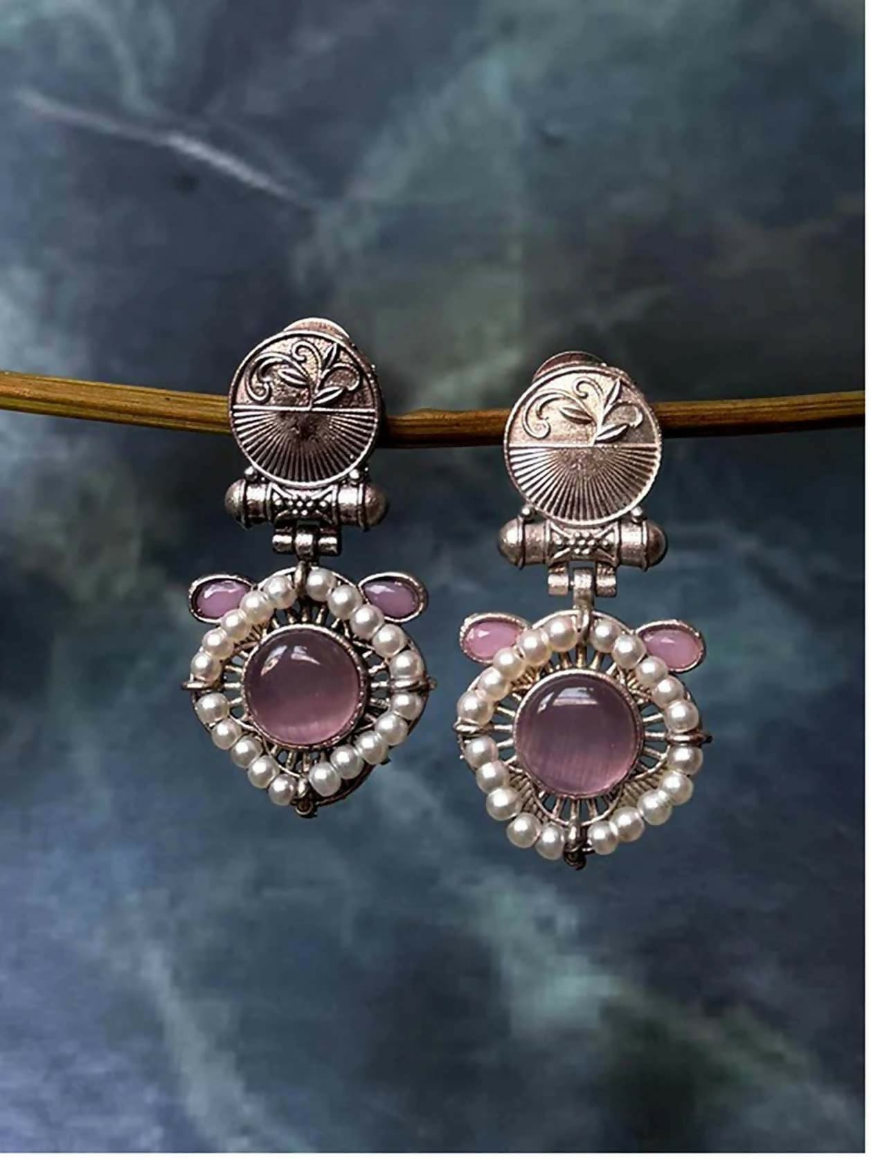 Joban Fashion Women Light Purple Monalisa Stone Beaded Silver Replica Earring | Grocsy
