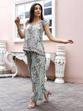 Blue Rayon Paisley Printed Top with Matching Bottom - Eesha | Grocsy