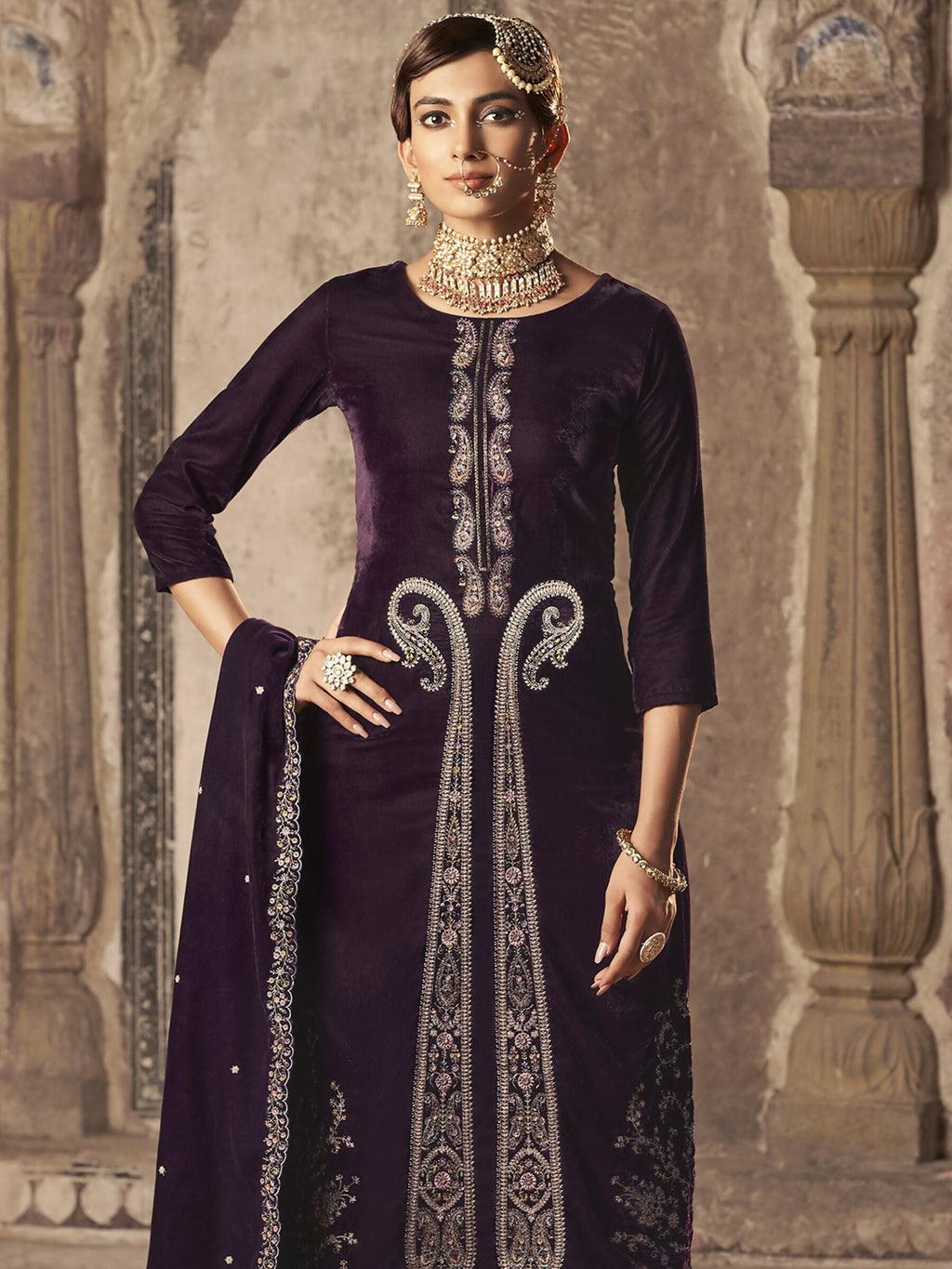 Jyoti Fashion Women's Wine Velvet Floral Resham Thread with Jari work Kurta with Trouser & Dupatta | Grocsy