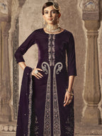 Jyoti Fashion Women's Wine Velvet Floral Resham Thread with Jari work Kurta with Trouser & Dupatta | Grocsy