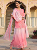 Juniper Women Pink Shantoon Embroidered Kurta, Palazzo and Dupatta Set | Grocsy