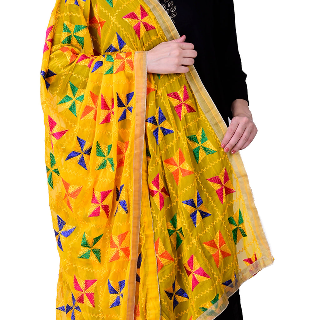 SWI Stylish Women's Embroidered Phulkari Chiffon Yellow Dupatta | Grocsy
