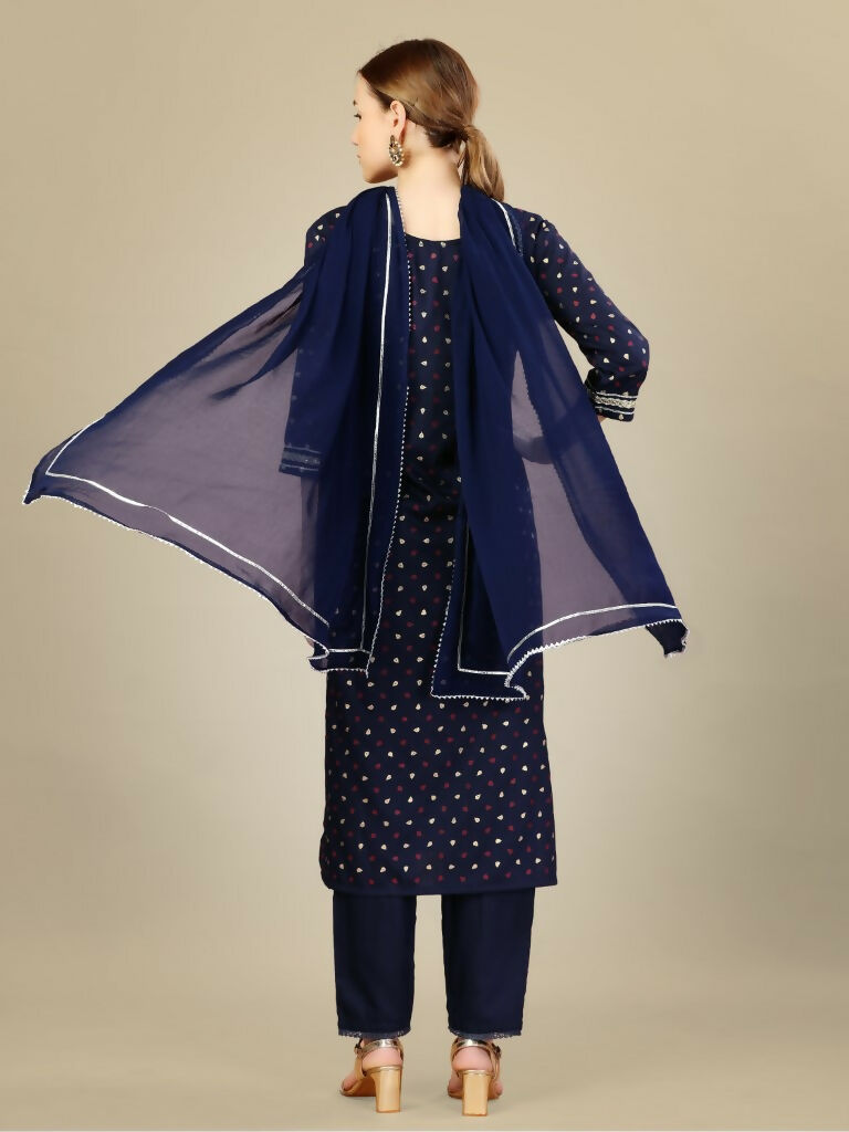 Jyoti Fashion Women's Navy Blue Silk Blend Embroidery & Sequence work Kurta with Trouser & Dupatta | Grocsy