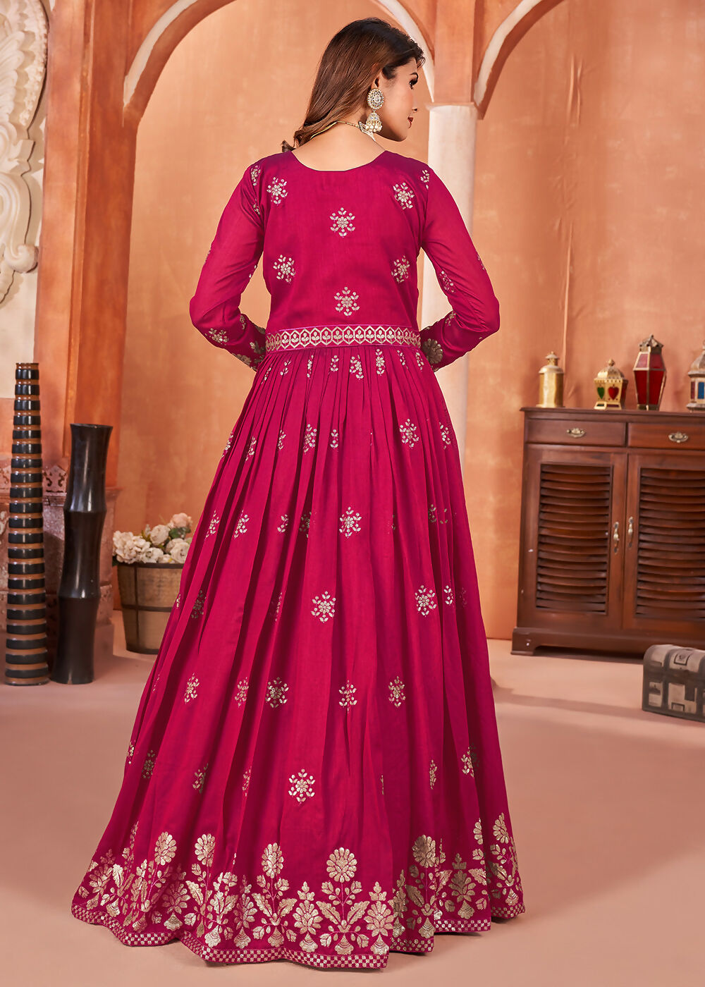 Hot Pink Festive Embroidered Art Silk Anarkali Suit - Emponline | Grocsy