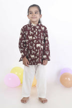 Breathables Kids Cotton Night Suit – Wine Animal Print Kurta & Pyjama Co-Ord Set For Boys & Girls | Grocsy