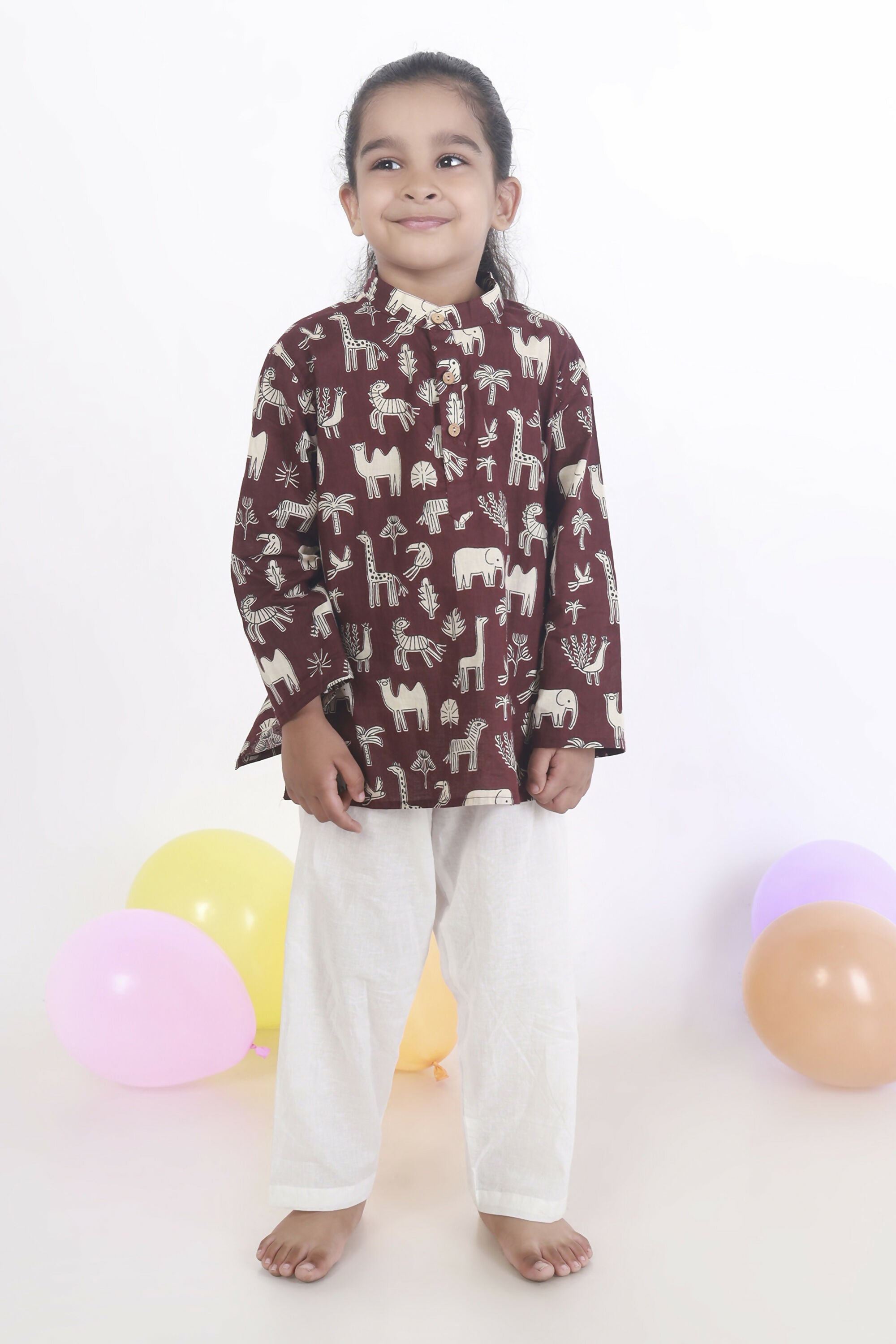 Breathables Kids Cotton Night Suit – Wine Animal Print Kurta & Pyjama Co-Ord Set For Boys & Girls | Grocsy