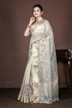 Morchari Beige Banarasi Tissue Computer Embroidery Saree Unstitched Blouse | Grocsy