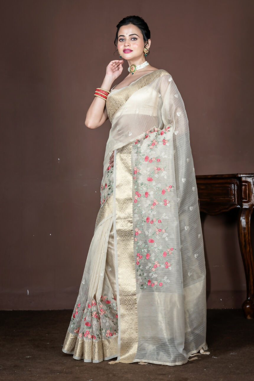 Morchari Beige Banarasi Tissue Computer Embroidery Saree Unstitched Blouse | Grocsy