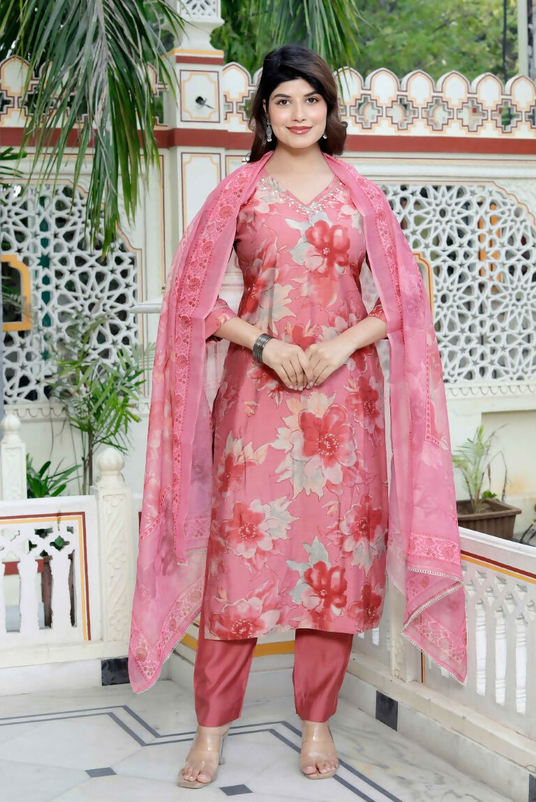 Miravan Women's Muslin Pink V-Neck Embroidered Kurta with Palazzo and Dupatta | Grocsy