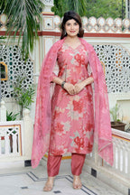 Miravan Women's Muslin Pink V-Neck Embroidered Kurta with Palazzo and Dupatta | Grocsy