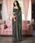 Blue Georgette Brasso Floral Printed Saree With Unstitched Blouse Piece - Zyanya | Grocsy
