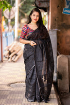 Black Pure Linen Ethnic Motifs Saree with Unstitched Blouse - Hiral Fashion | Grocsy