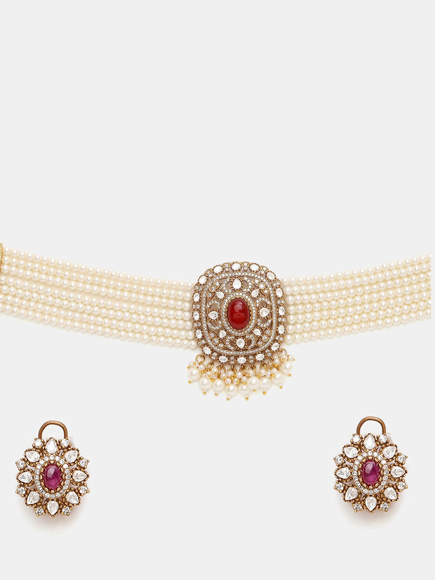 Ruby Raang 22k Gold Polished Pearl And Kundan Necklace With Stud Earrings | Grocsy