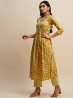 Mustard Pure Cotton Floral Printed Naira Cut Kurta And Bottom With Dupatta - Akashara | Grocsy
