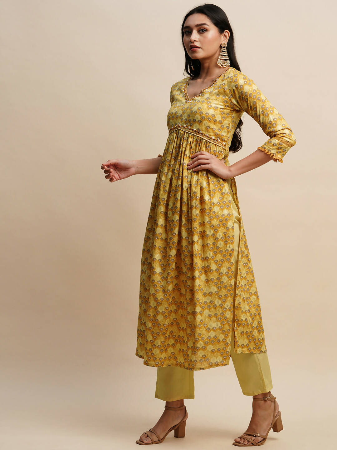 Mustard Pure Cotton Floral Printed Naira Cut Kurta And Bottom With Dupatta - Akashara | Grocsy