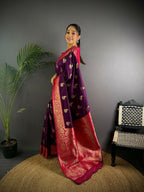 Joban Fashion Banarasi Purple Woven Butti Soft Silk Saree | Grocsy