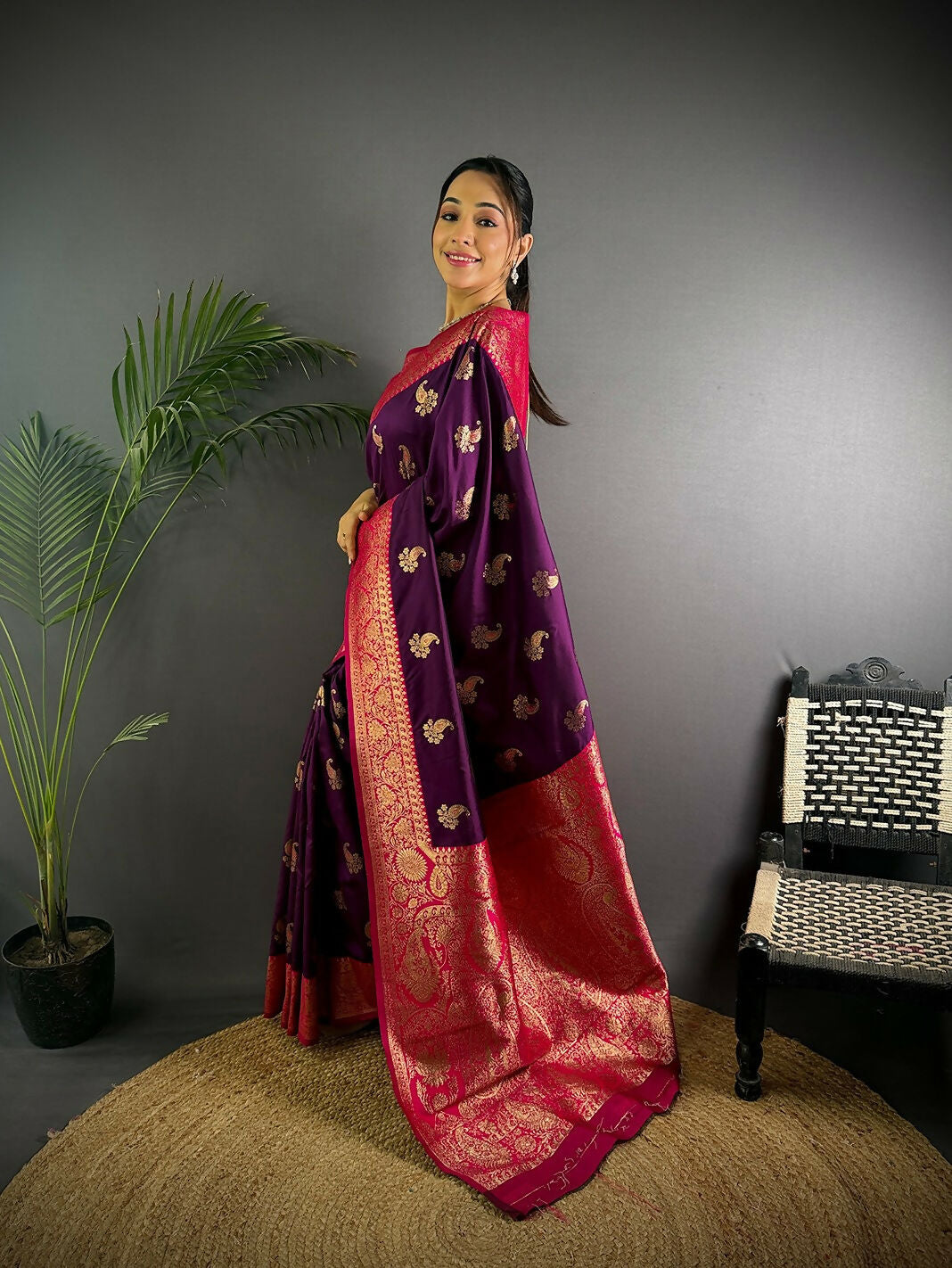 Joban Fashion Banarasi Purple Woven Butti Soft Silk Saree | Grocsy