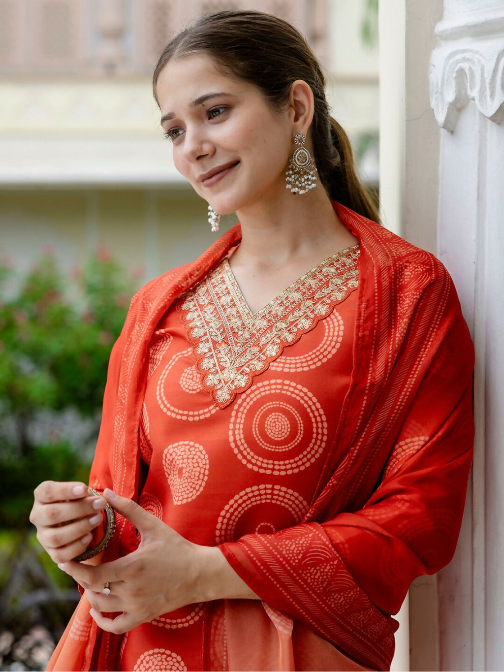 The52 Orange Women's Gorgeous Rayon Embroidered Straight Kurta with Pant And Dupatta Set | Grocsy